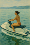Femme en bikini sur un jetski, décor minimaliste façon Marquet