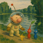 Olimar et les Pikmin peints face à l’eau dans un style Marquet