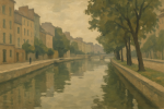 Paysage urbain avec étendue d’eau, pastels clairs, ambiance légère style Marquet