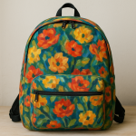 Photographie réaliste d’un sac à dos à motif fleuri posé sur un quai, lumière douce style Marquet