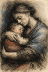 Mère tenant son enfant avec des touches de bleu et rouge, style Käthe Kollwitz