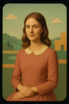 Mona Lisa réinterprétée avec une composition symétrique et des couleurs pastel, style Wes Anderson