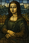 Mona Lisa réinterprétée avec des éléments de vitrail blanc, style Louis Barillet