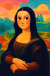 Mona Lisa réinventée avec des éléments géométriques colorés dans le style Mary Blair