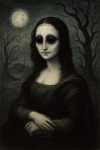 Mona Lisa réinventée avec un visage pâle, de grands yeux et un décor gothique rêveur, dans le style de Tim Burton