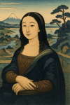 Mona Lisa réinterprétée avec des motifs japonais traditionnels, style Utagawa Hiroshige