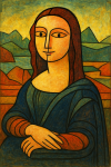 Mona Lisa réinventée avec des formes abstraites et subtiles, style Paul Klee