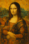 Mona Lisa réinterprétée avec des motifs dorés et symboliques, style Gustav Klimt