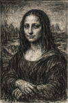 Mona Lisa réinterprétée avec une expression sombre et des lignes expressionnistes, style Käthe Kollwitz