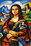 Mona Lisa réinterprétée avec des couleurs vives et des formes simplifiées, style Charles Lapicque