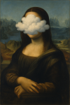 Mona Lisa avec un nuage flottant devant son visage, style René Magritte
