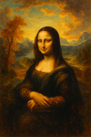 Mona Lisa entourée de montagnes et de ciel orageux, style Thomas Moran