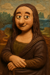 Mona Lisa réinterprétée en pâte à modeler avec un léger sourire, style Nick Park