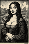 Mona Lisa réinterprétée en style grotesque et satirique, façon Georges Pichard