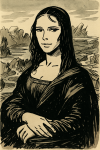 Mona Lisa redessinée avec un trait noir élégant, façon Hugo Pratt