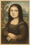 Mona Lisa réinterprétée comme illustration jeunesse, style Maurice Sendak