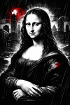 Mona Lisa réinterprétée en noir et blanc avec des yeux verts éclatants, style Sin City
