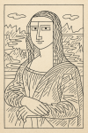 Mona Lisa réinventée avec des lignes minimalistes et un sourire disproportionné, style Saül Steinberg