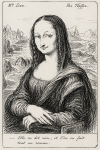 Mona Lisa réinterprétée en dessin satirique, style Rodolphe Töpffer