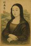 Mona Lisa réinterprétée avec des motifs japonais de laque, style Shibata Zeshin