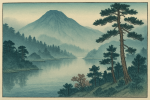 Paysage de montagne avec des cerisiers en fleurs, style Utagawa Hiroshige