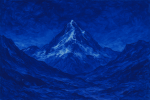 Paysage de montagne monochrome en bleu IKB, style Yves Klein