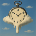 Photo réaliste d'une montre qui fond en forme de nuage, style René Magritte