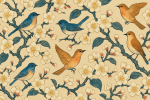 Motif répété de fleurs et d'oiseaux à la manière d'Hokusai