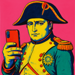 Napoléon tenant un smartphone dans un style pop art, style Andy Warhol