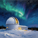 Observatoire astronomique moderne dans un paysage hivernal traditionnel, style Pekka Halonen
