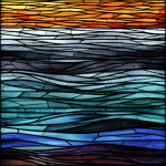 Océan avec vagues en verres colorés mais motifs géométriques Art Déco, style Louis Barillet