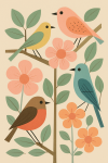 Des petits oiseaux sur une branche en fleur à la manière de Charley Harper