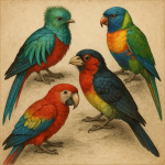 Oiseaux exotiques aux couleurs vives avec détails de plumes précis, style Albrecht Dürer