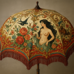 Photographie réaliste d'une ombrelle ancienne décorée, style Georges Pichard