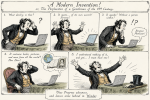 Personnage du 19ème siècle devant un ordinateur, style Rodolphe Töpffer