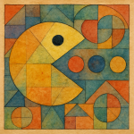 Pac-Man réinterprété avec des formes géométriques colorées, style Paul Klee