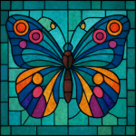 Papillon stylisé en vitrail avec des motifs géométriques et des couleurs vibrantes, interprété dans le style de Charles Rennie Mackintosh
