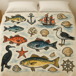 Photo réaliste d'une parure de lit avec des motifs marins dans un style graphique simple