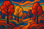Paysage d'automne aux arbres stylisés et couleurs vives, style Alexej von Jawlensky