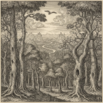 Paysage forestier avec arbres détaillés et perspective lointaine, style Albrecht Dürer