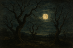 Paysage nocturne avec des arbres tordus et une lune pleine, style Francisco de Goya