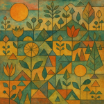Paysage végétal stylisé avec des éléments géométriques, style Paul Klee