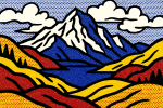 Paysage de montagne dans un style pop art avec aplats de couleur et points Benday