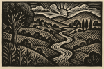 Paysage stylisé en linogravure sans personnage, style Catlett