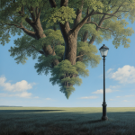Paysage nocturne avec des arbres inversés et un ciel diurne, style René Magritte