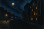 Paysage urbain nocturne avec des perspectives exagérées, style Léon Spilliaert