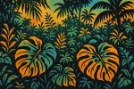Forêt tropicale avec feuilles de monstera réalisée en technique pochoir