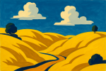 Paysage géométrique avec colline jaune et ciel bleu vif, style Tom Purvis