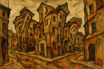 Paysage urbain aux bâtiments déformés, style Egon Schiele