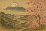 Paysage de montagne japonaise avec des cerisiers en fleurs, style Shibata Zeshin